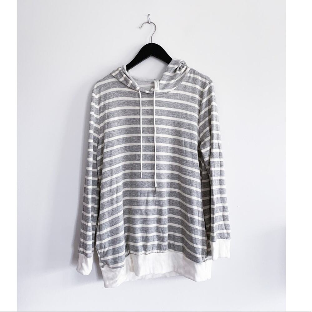 Grey and White Striped Fleece Pullover Hoodie Large New